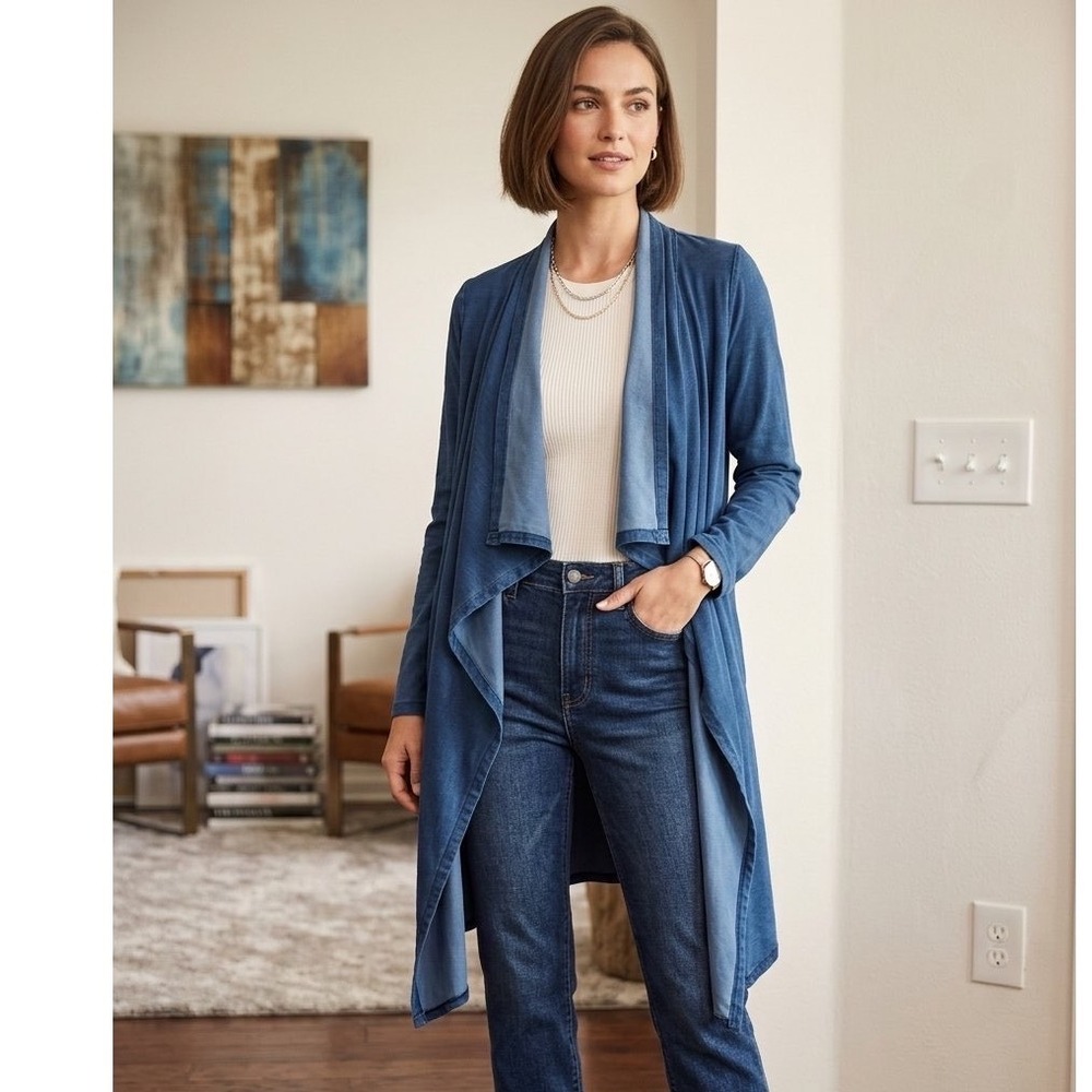 Pure Jill Indigo J. Jill Blue Draped Waterfall Open Front Cardigan Medium Cozy